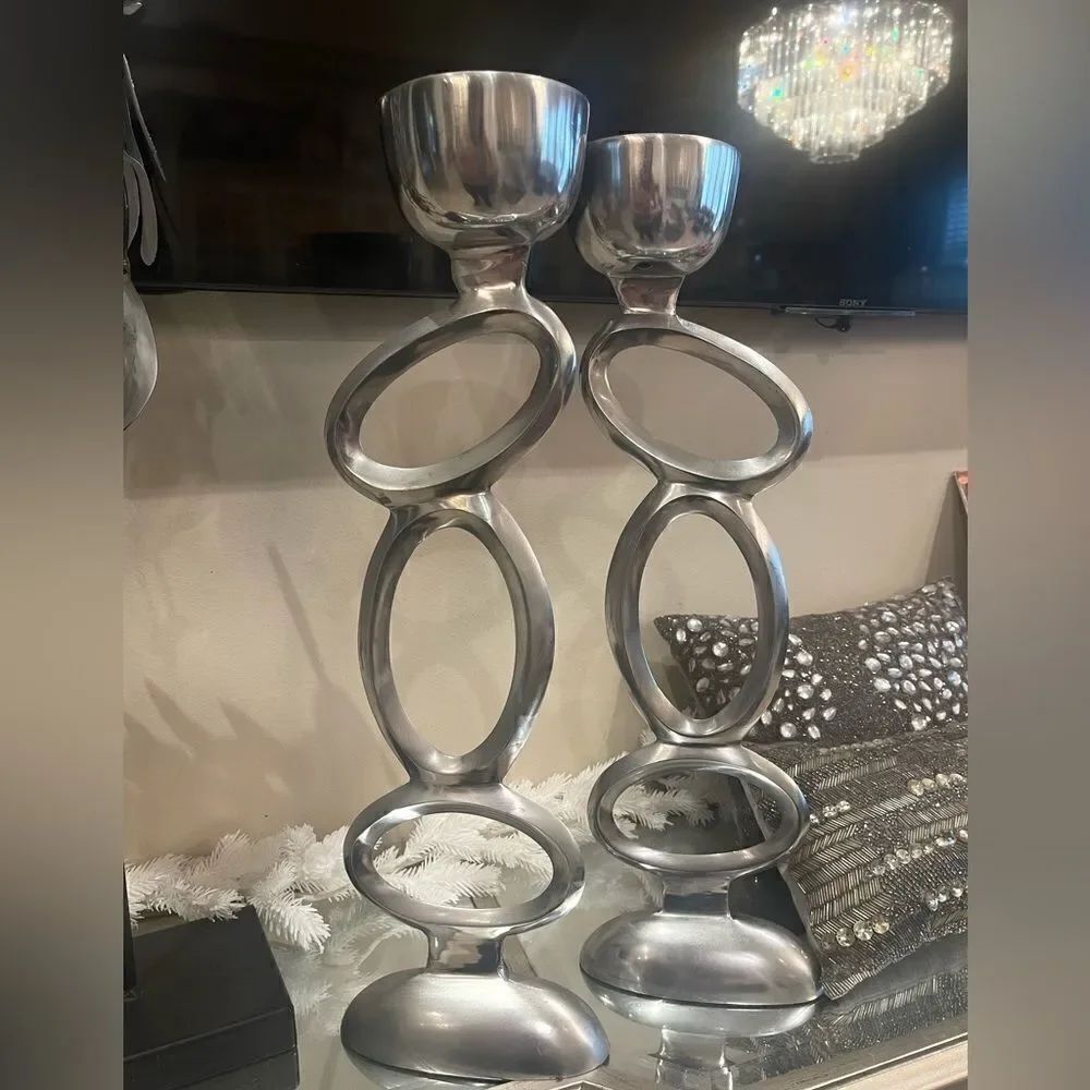 Modern Silver Sculptural Candle Holders Set of 2 Geometric Pillar Holders